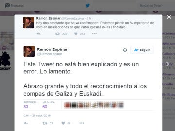 Espinar matiza sus palabras tras afirmar que "Podemos pierde votos cuando Pablo Iglesias no es candidato" Espinar matiza sus palabras tras afirmar que "Podemos pierde votos cuando Pablo Iglesias no es candidato"