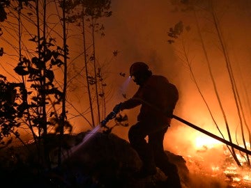 Un bombero combate un incendio forestal en Aveiro, Portugal. Un bombero combate un incendio forestal en Aveiro, Portugal.