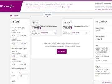 Mensaje de error en la web de compra de Renfe