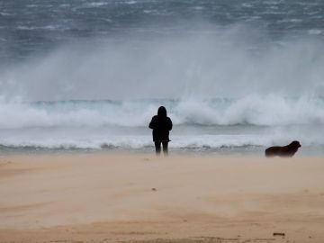Una mujer pasea junto a su perro en la playa de los Lances en Tarifa (Cádiz)