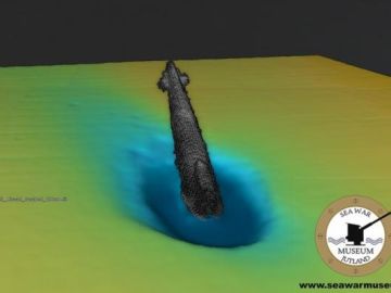 Imagen del equipo de escaneo donde se muestra el submarino U-3523 Imagen del equipo de escaneo donde se muestra el submarino U-3523