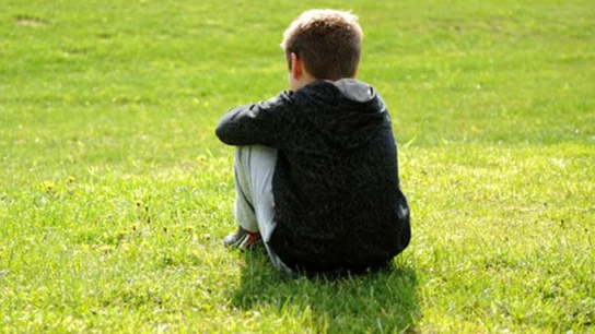 Imagen de archivo de un niño sentado en el césped. Imagen de archivo de un niño sentado en el césped.