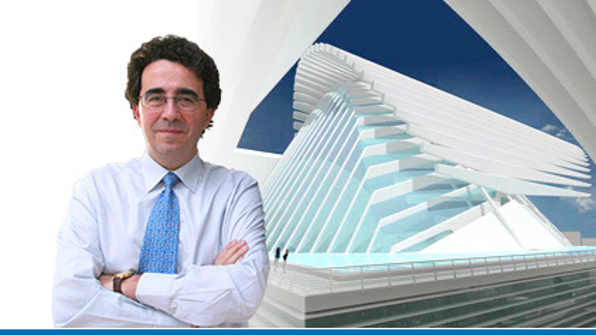 Santiago Calatrava junto a la imagen prototipo del Palacio de Congresos de Oviedo