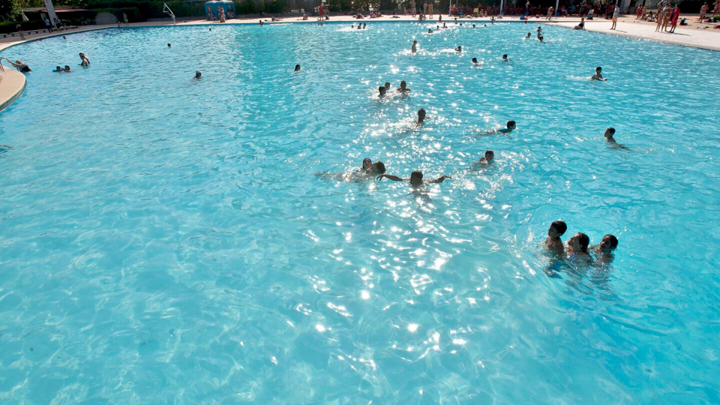 Varias personas se dan un ba&ntilde;o en una piscina. 