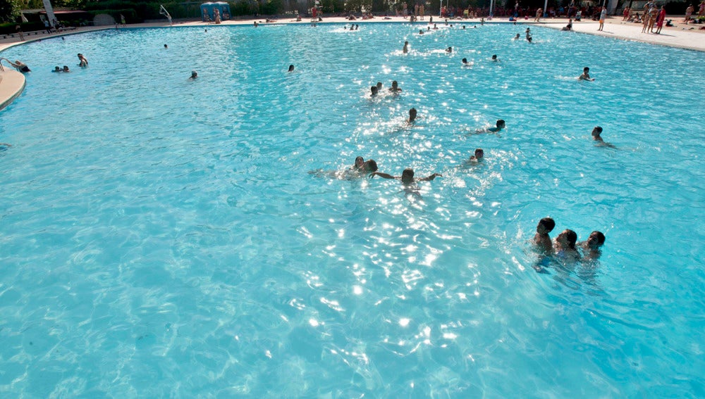 Varias personas se dan un baño en una piscina. 