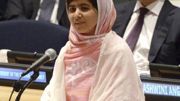 Malala Yousafzai durante su intervención en la sede de Naciones Unidas