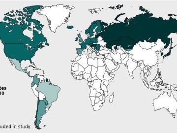 Mapa con los 54 países analizados y su tasa de suicidios de 2009. Los datos ya incluyen el aumento tras la crisis de 2008 