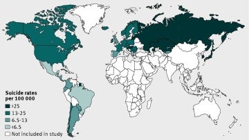 Mapa con los 54 países analizados y su tasa de suicidios de 2009. Los datos ya incluyen el aumento tras la crisis de 2008