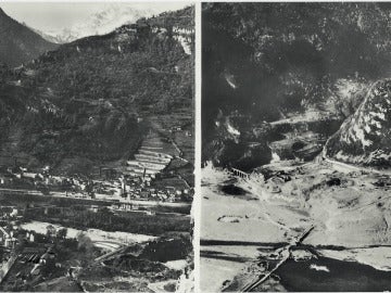 El pueblo de Longarone (Italia) vivió el mayor desastre de Europa en el siglo XX. A la izquierda, la villa antes de la riada. A la derecha, tras el paso del agua.