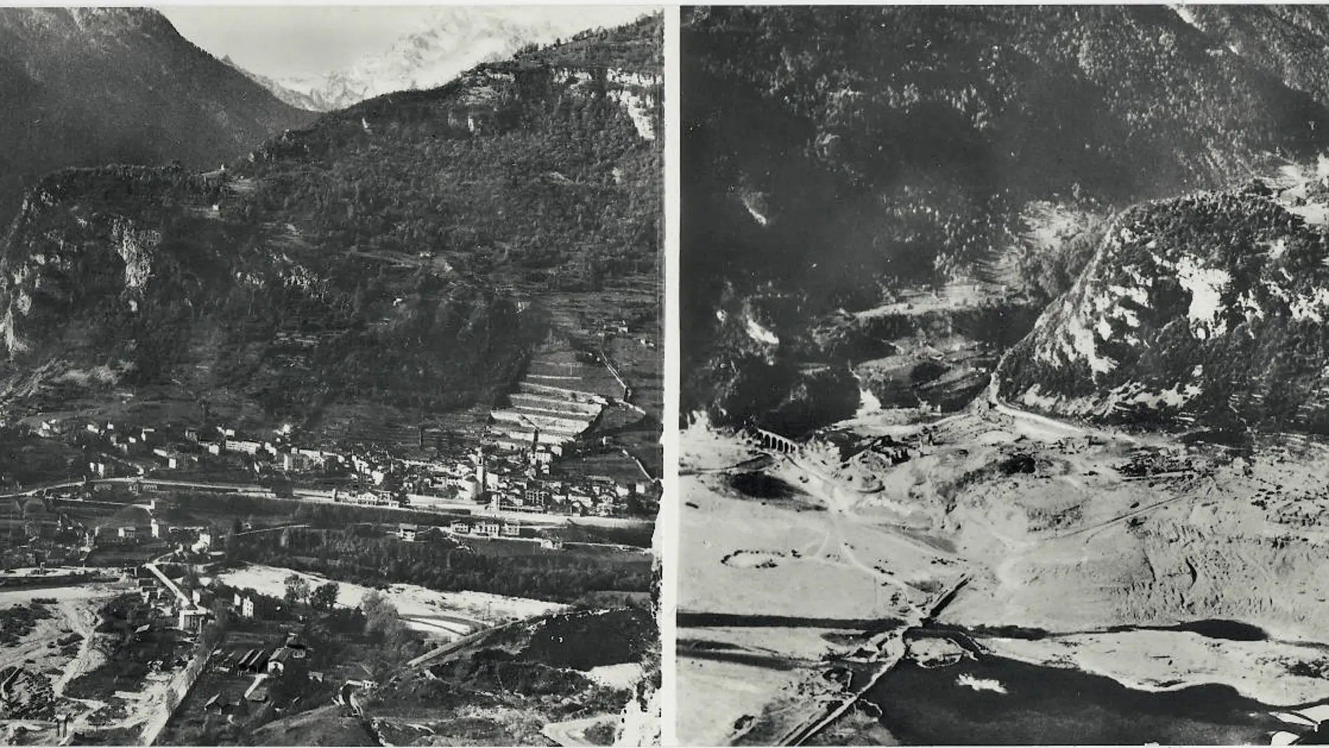 El pueblo de Longarone (Italia) vivió el mayor desastre de Europa en el siglo XX. A la izquierda, la villa antes de la riada. A la derecha, tras el paso del agua.