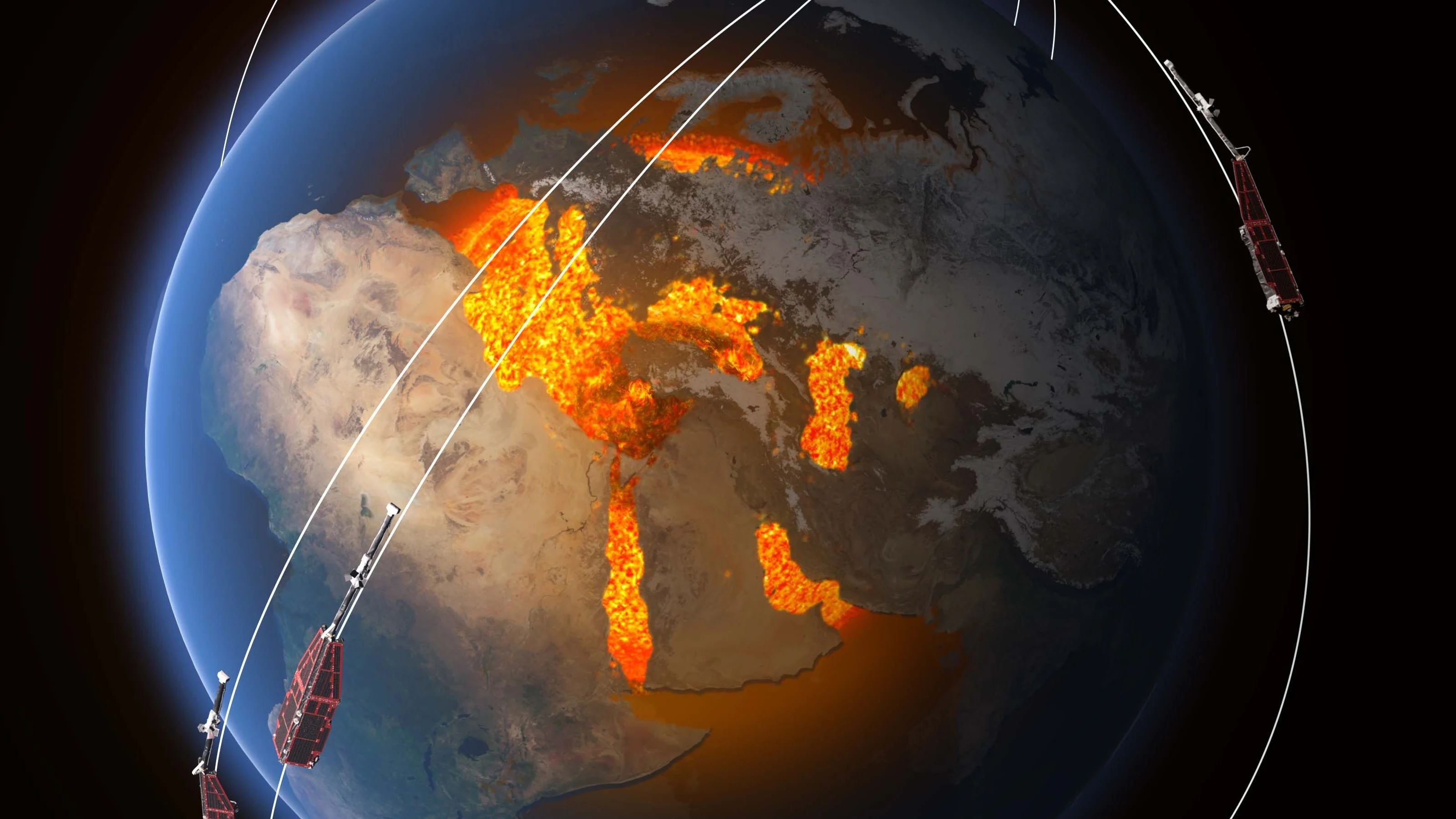 Recreación de la Tierra y los satélites lanzados alrededor