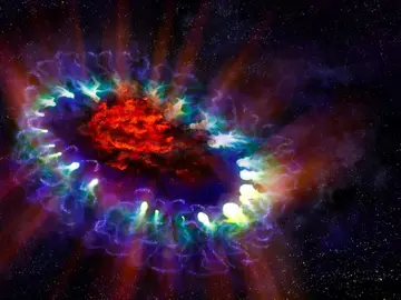 Imagen artística de la remanente de supernova SN 1987A basada en los datos reales obtenidos por ALMA y los telescopios espaciales Hubble y Chandra Imagen artística de la remanente de supernova SN 1987A basada en los datos reales obtenidos por ALMA y los telescopios espaciales Hubble y Chandra