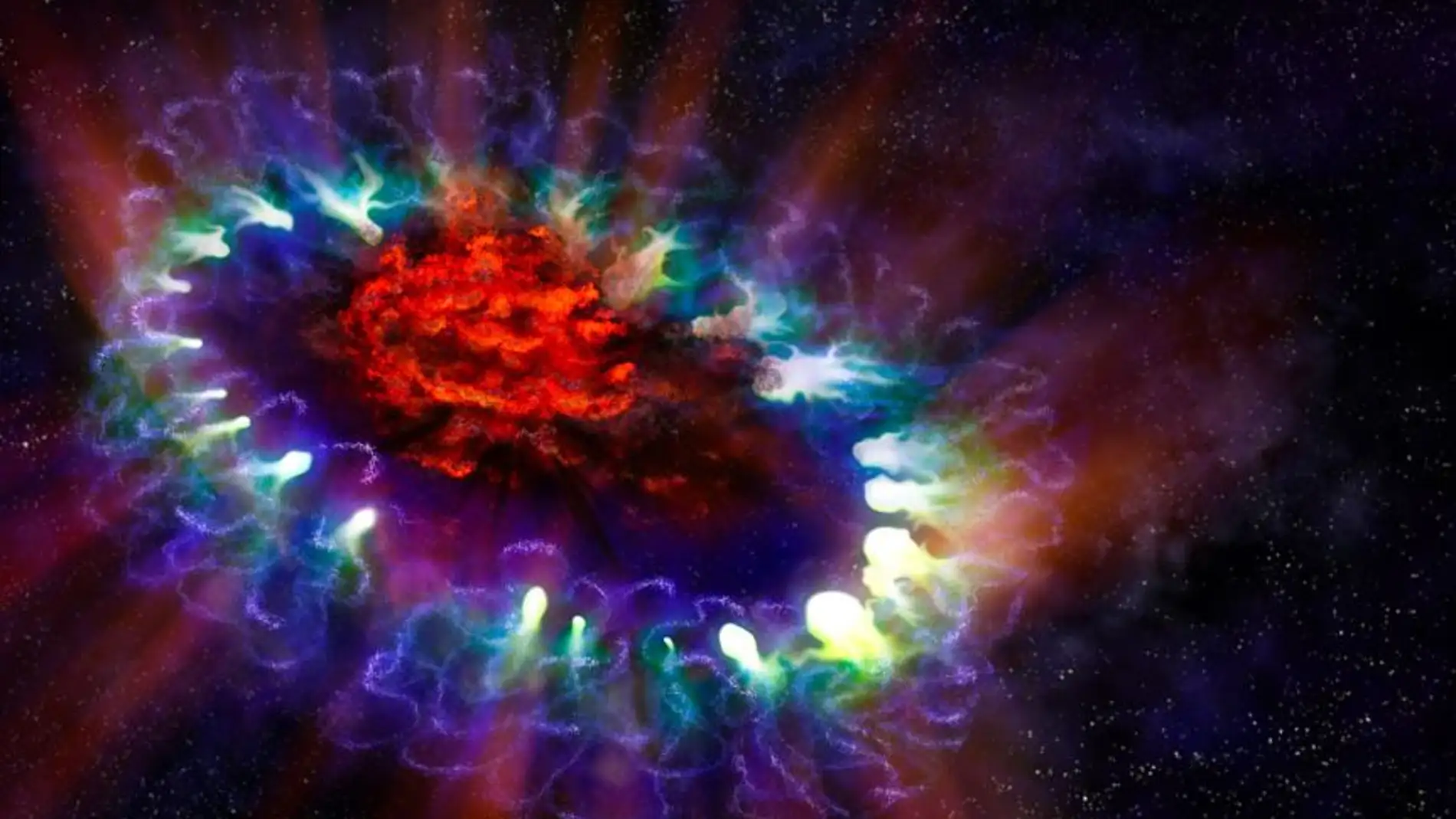 Imagen artística de la remanente de supernova SN 1987A basada en los datos reales obtenidos por ALMA y los telescopios espaciales Hubble y Chandra
