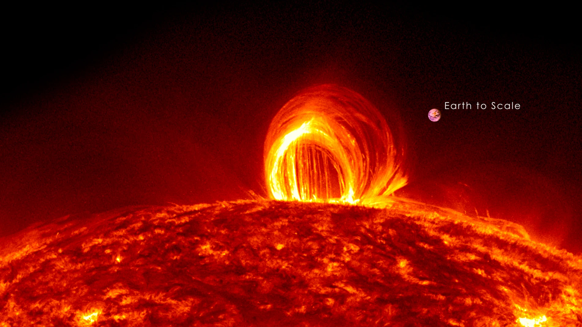 Un erupción solar comparada con el tamaño de la Tierra