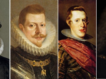 De Izquierda a derecha. Retratos de 4 generaciones de Austrias. Felipe II, Felipe III, Felipe IV y Carlos II, ‘el Hechizado’