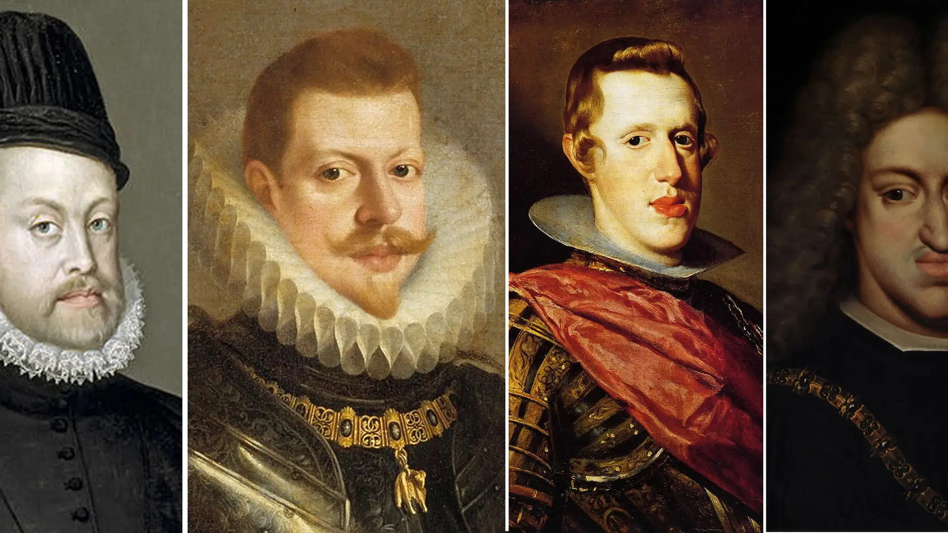 De Izquierda a derecha. Retratos de 4 generaciones de Austrias. Felipe II, Felipe III, Felipe IV y Carlos II, ‘el Hechizado’