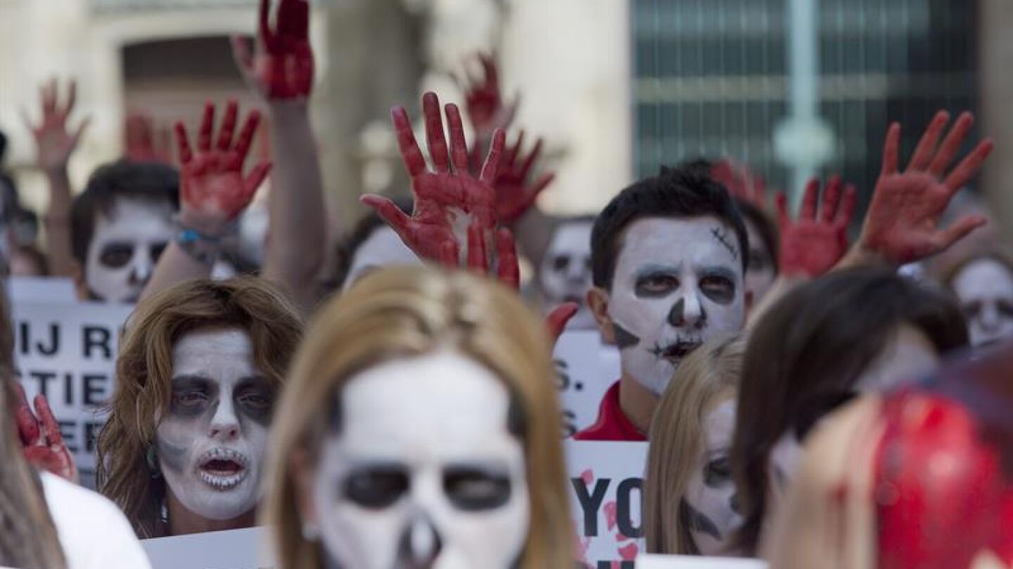 Antitaurinos participan en un "encierro f&uacute;nebre" en Pamplona contra las corridas