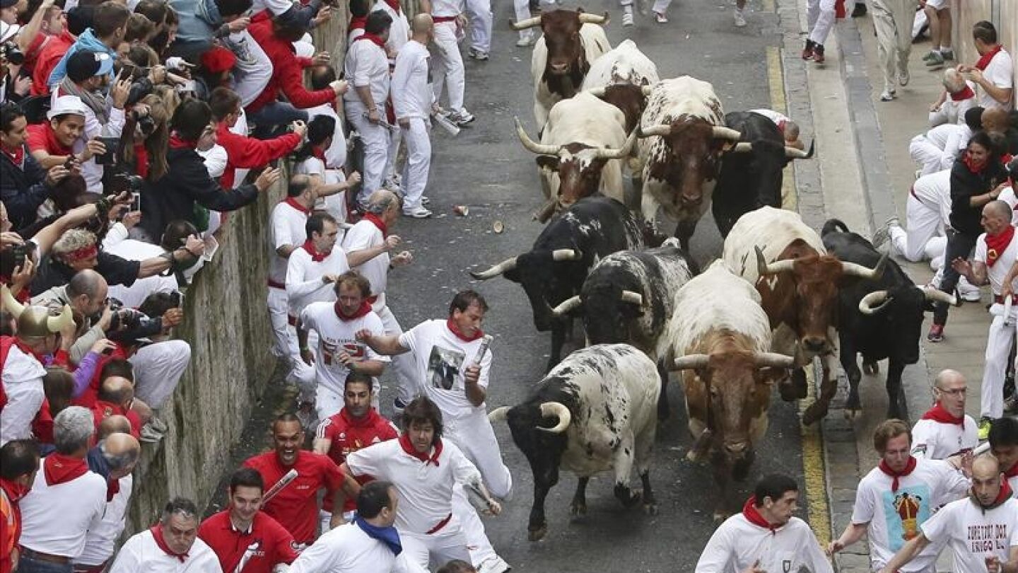 Un toro de la ganader&iacute;a de Torrestrella cornea a un corredor durante el primer encierro