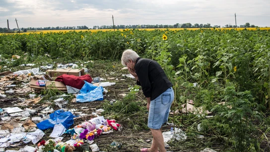 Una mujer observa los restos del MH17 Una mujer observa los restos del MH17