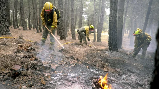 Operarios trabajan en las labores de extinción del incendio Operarios trabajan en las labores de extinción del incendio