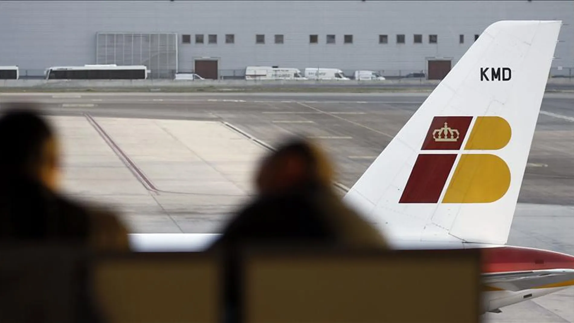 Dos pasajeros contemplan un avión de Iberia
