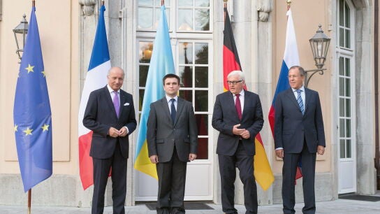  El ministro de Exteriores de Francia, Laurent Fabius, Pavlo Klimkin de Ucrania, Frank-Walter Steinmeier de Alemania, y Sergei Lavrov de Rusia.