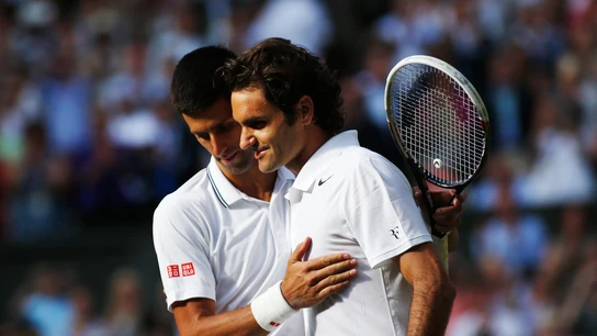 Novak Djokovic y Roger Federer, en la final de Wimbledon 2014 Novak Djokovic y Roger Federer, en la final de Wimbledon 2014