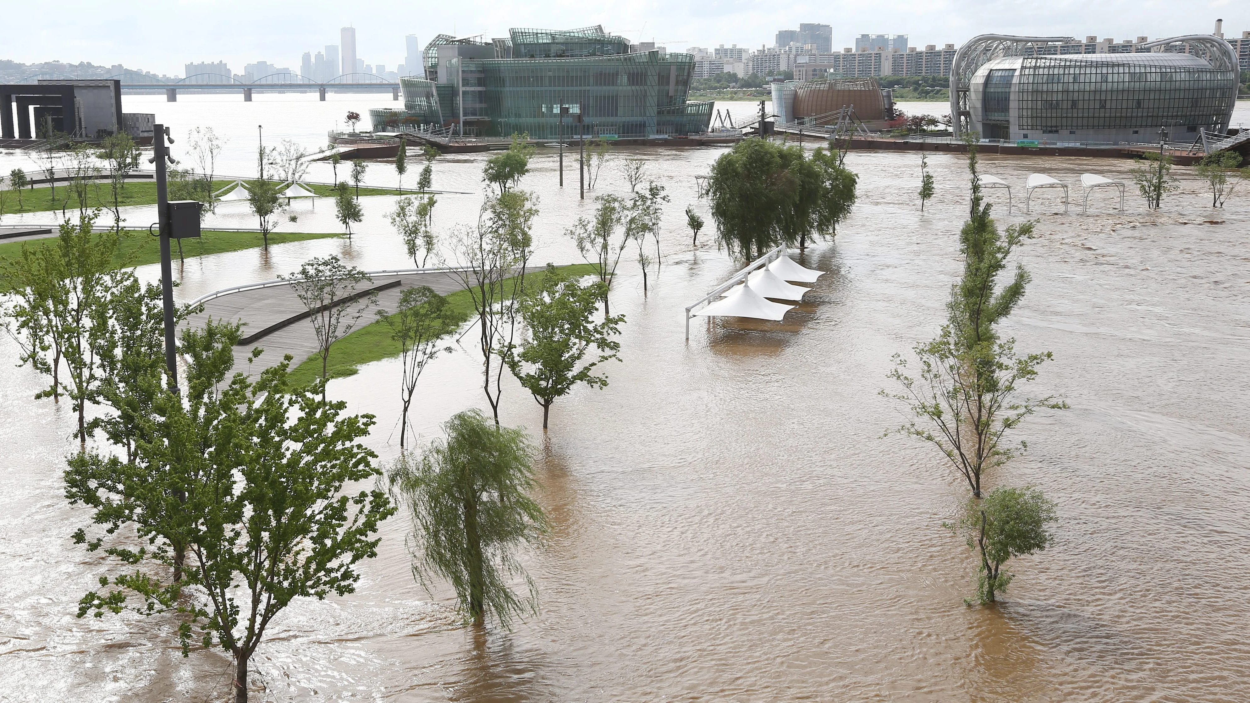 Parque inundado por el río Han