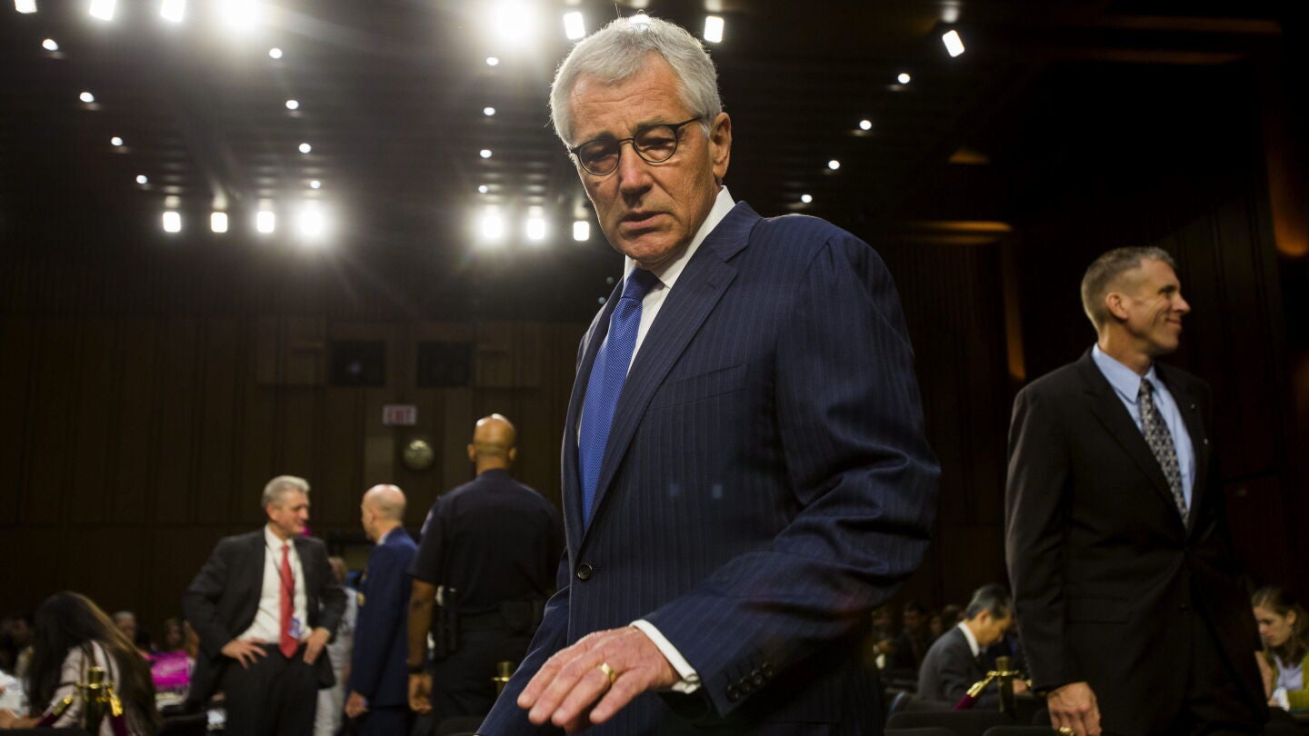 El secretario de Defensa estadounidense, Chuck Hagel, prepara su intervenci&oacute;n