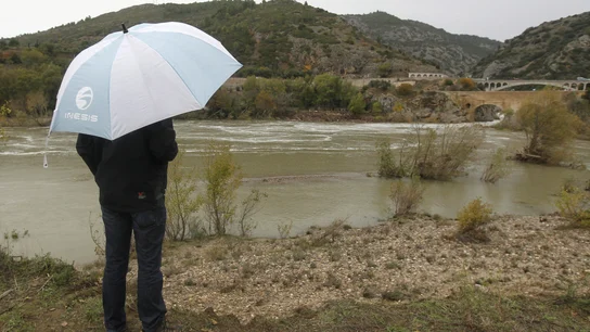 Un hombre observa el río Herault en Francia Un hombre observa el río Herault en Francia