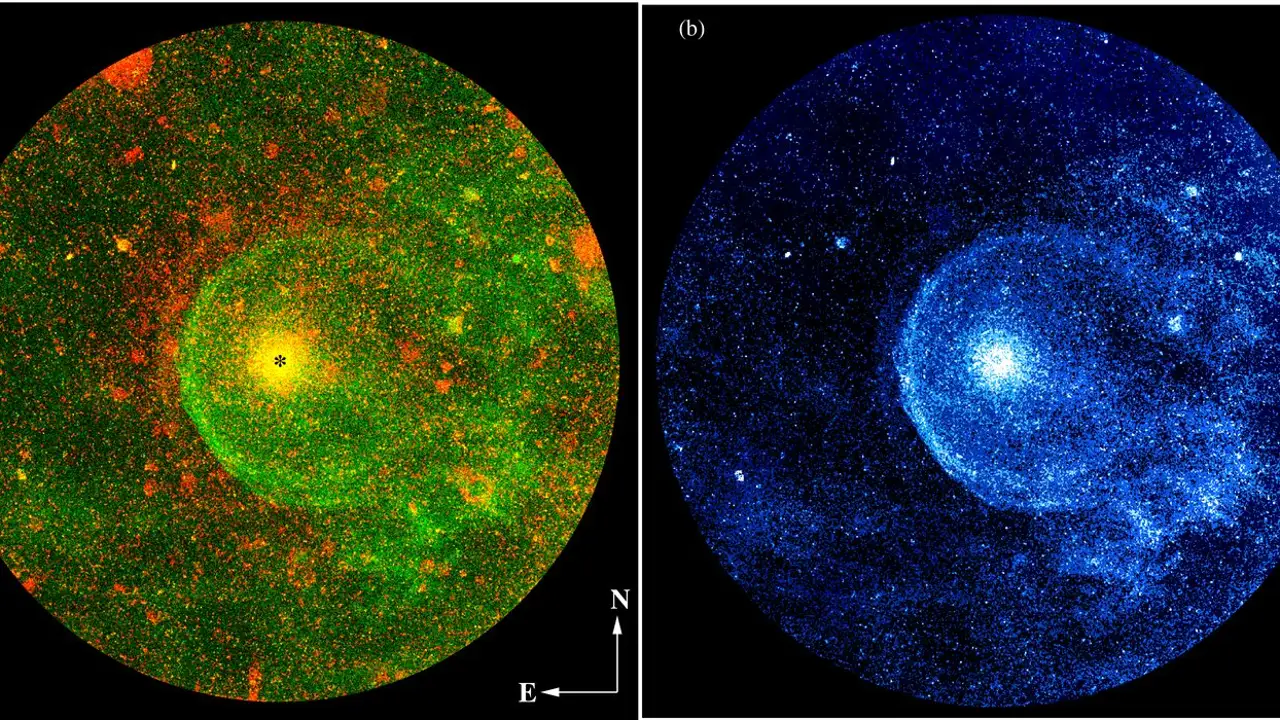 Composición de la estrella CW Leonis obtenida por el satélite GALEX