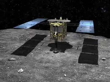 Representación artística de la sonda Hayabusa 2 en el momento de tocar al asteroide (162173) 1999 JU3 para recoger muestras Representación artística de la sonda Hayabusa 2 en el momento de tocar al asteroide (162173) 1999 JU3 para recoger muestras