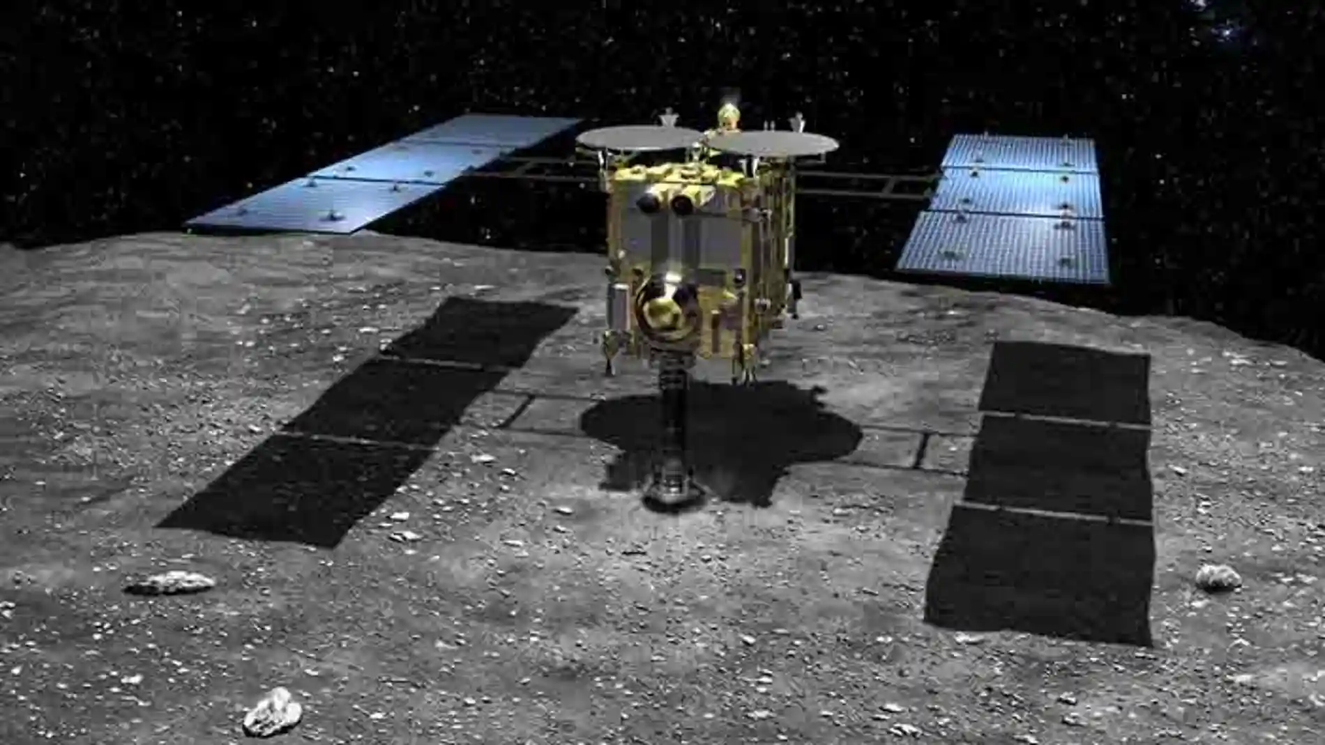 Representación artística de la sonda Hayabusa 2 en el momento de tocar al asteroide (162173) 1999 JU3 para recoger muestras