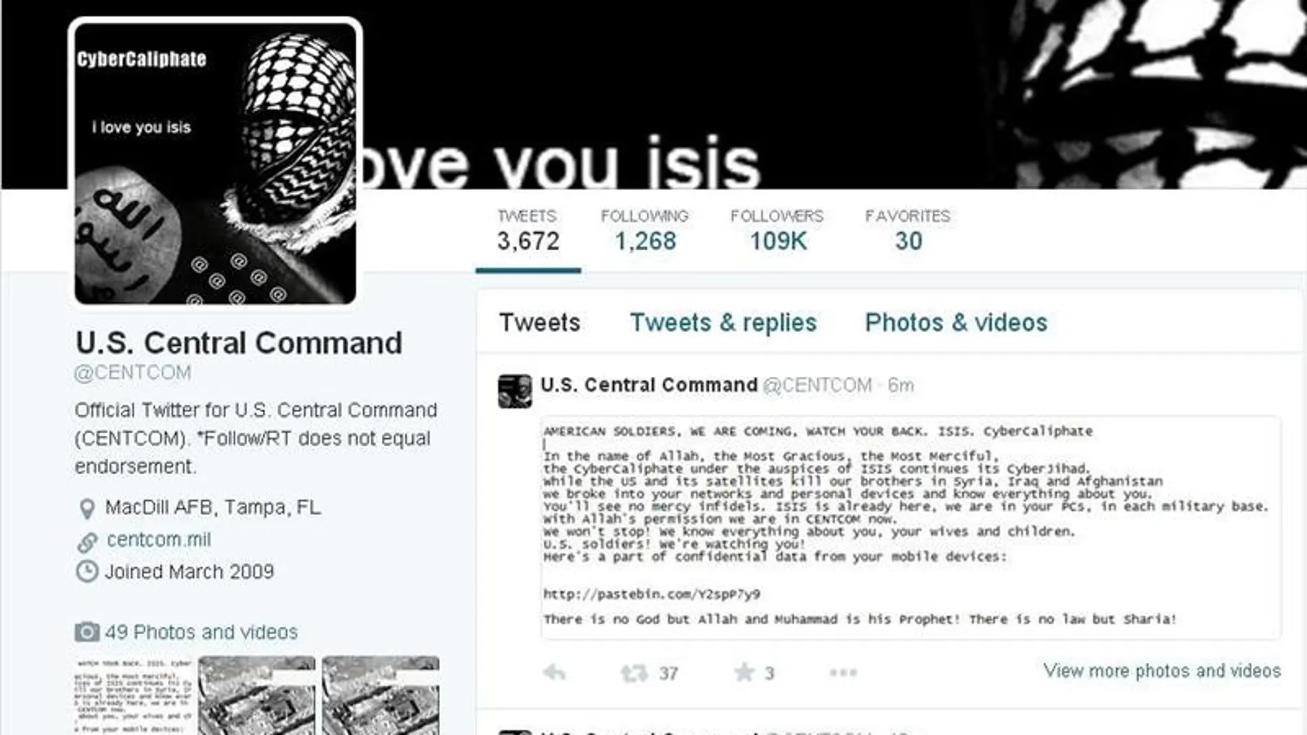 Captura de la página de la cuenta de Twitter del Comando Central de EE.UU.