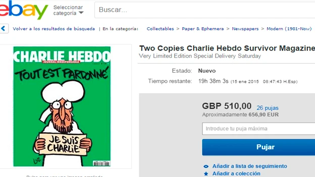 Uno de los ejemplares de 'Charlie Hebdo' que ya se venden por internet