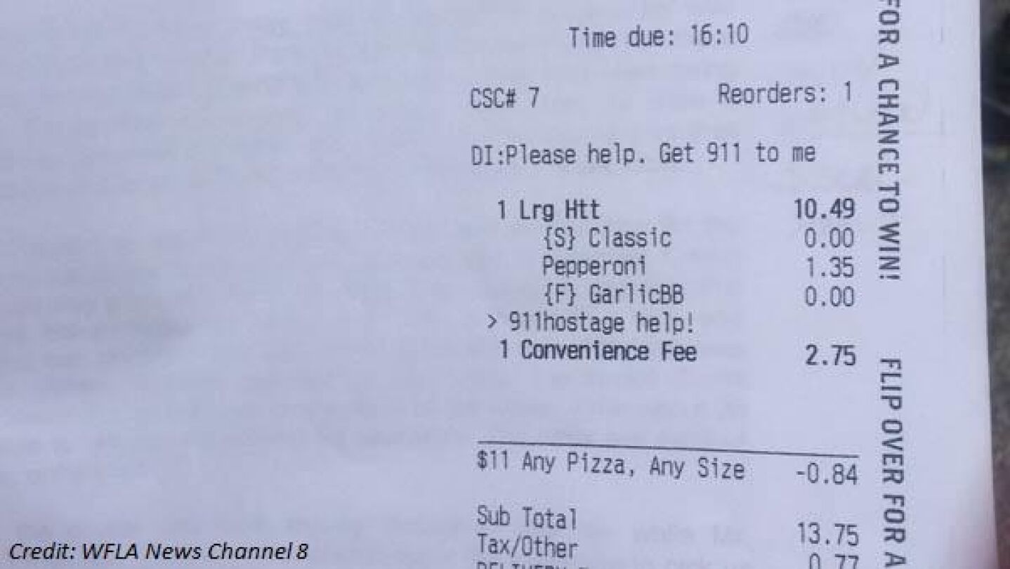 Ticket que recibi&oacute; Pizza Hut alertando del secuestro