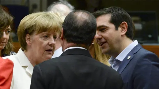 Merkel, Hollande y Tsipras en el Eurogrupo Merkel, Hollande y Tsipras en el Eurogrupo