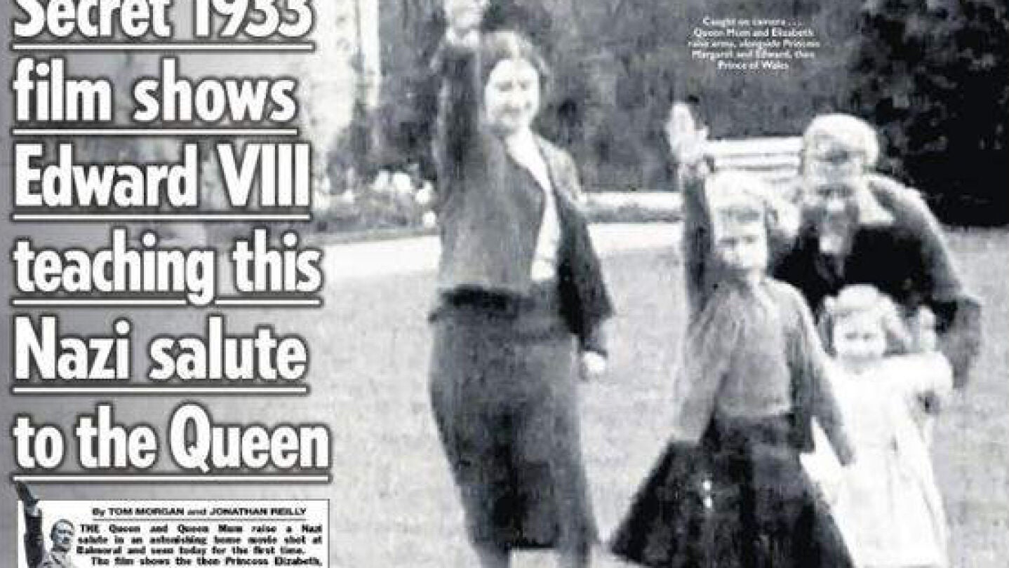 Portada del tabloide `The Sun' con la reina Isabel II haciendo el saludo nazi cuando ten&iacute;a 7 a&ntilde;os