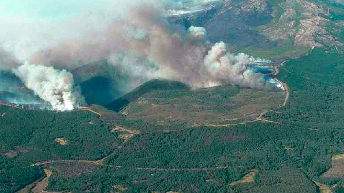 Fotografía aérea del incendio forestal declarado en la localidad de Acebo (Cáceres)