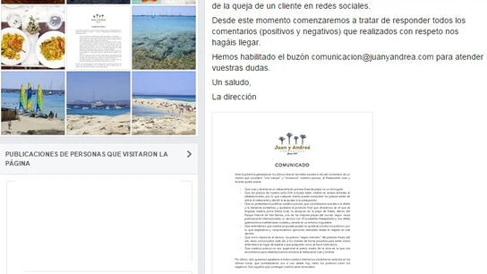 Comunicado del restaurante en Facebook Comunicado del restaurante en Facebook