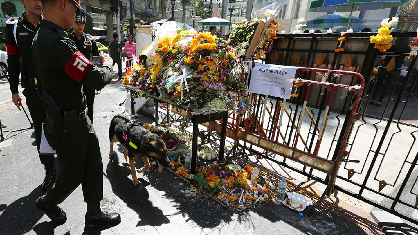 Un polic&iacute;a militar tailand&eacute;s patrulla con el perro