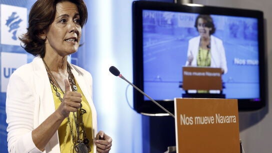 La presidenta de UPN, Yolanda Barcina, durante la rueda de prensa