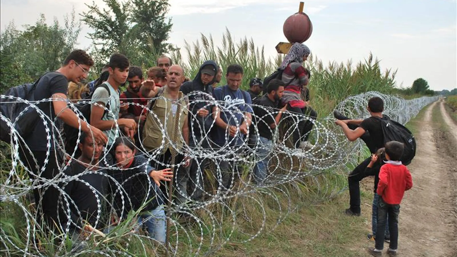 Varios refugiados sirios intentando saltar la alambrada de la frontera entre Hungría y Serbia