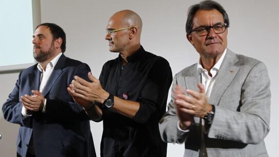 Artur Mas, Ra&uacute;l Romeva y Oriol Junqueras en la presentaci&oacute;n del programa