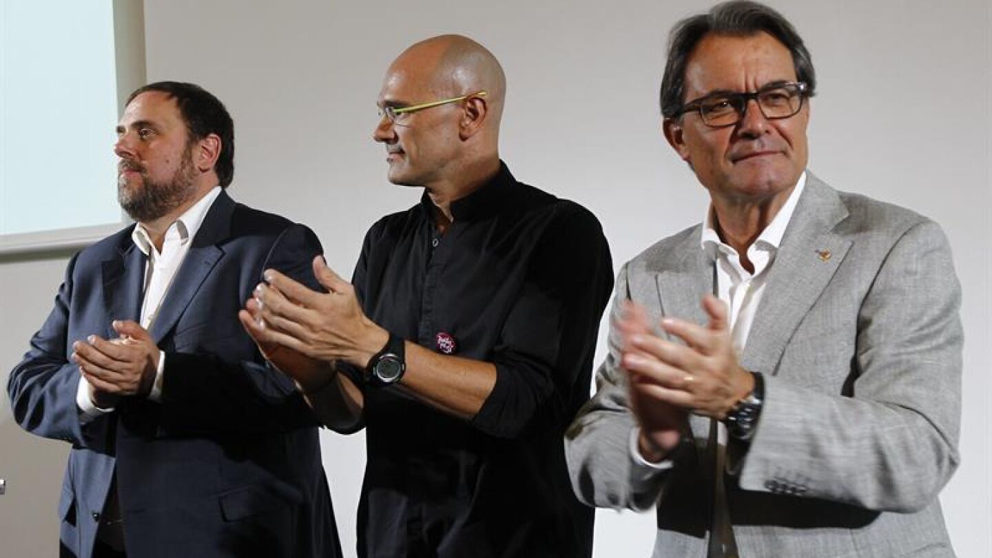 Artur Mas, Ra&uacute;l Romeva y Oriol Junqueras en la presentaci&oacute;n del programa