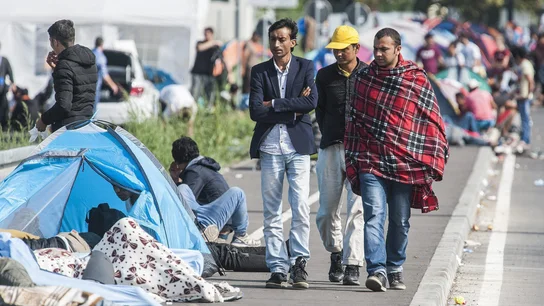 Refugiados descansan en la frontera con Hungría Refugiados descansan en la frontera con Hungría