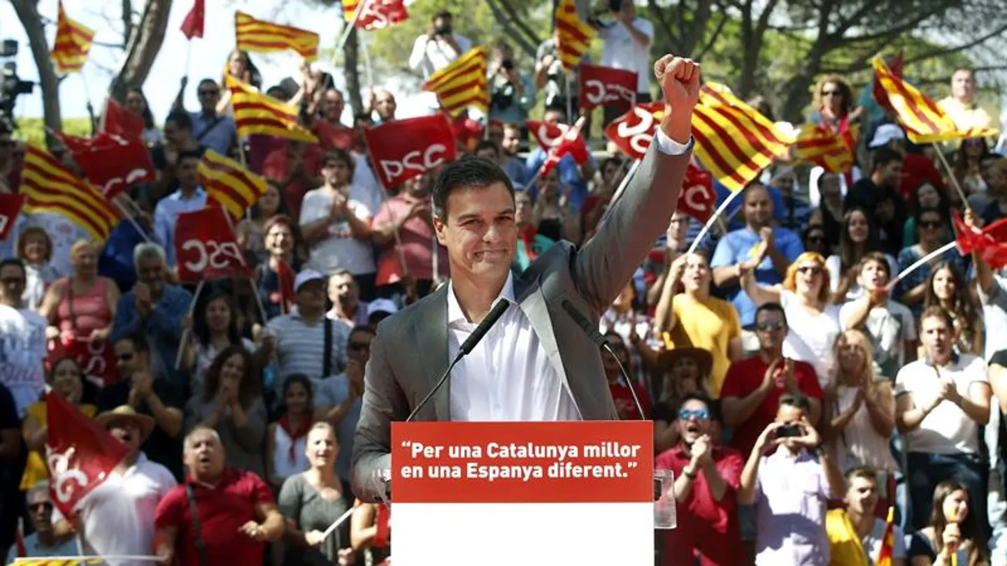 El secretario general del PSOE, Pedro Sánchez, durante su intervención en la Fiesta de la Rosa en la Pineda El secretario general del PSOE, Pedro Sánchez, durante su intervención en la Fiesta de la Rosa en la Pineda