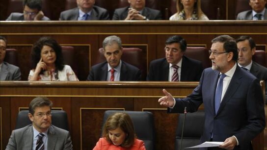 El presidente del Gobierno, Mariano Rajoy, durante su intervenci&oacute;n en el Congreso
