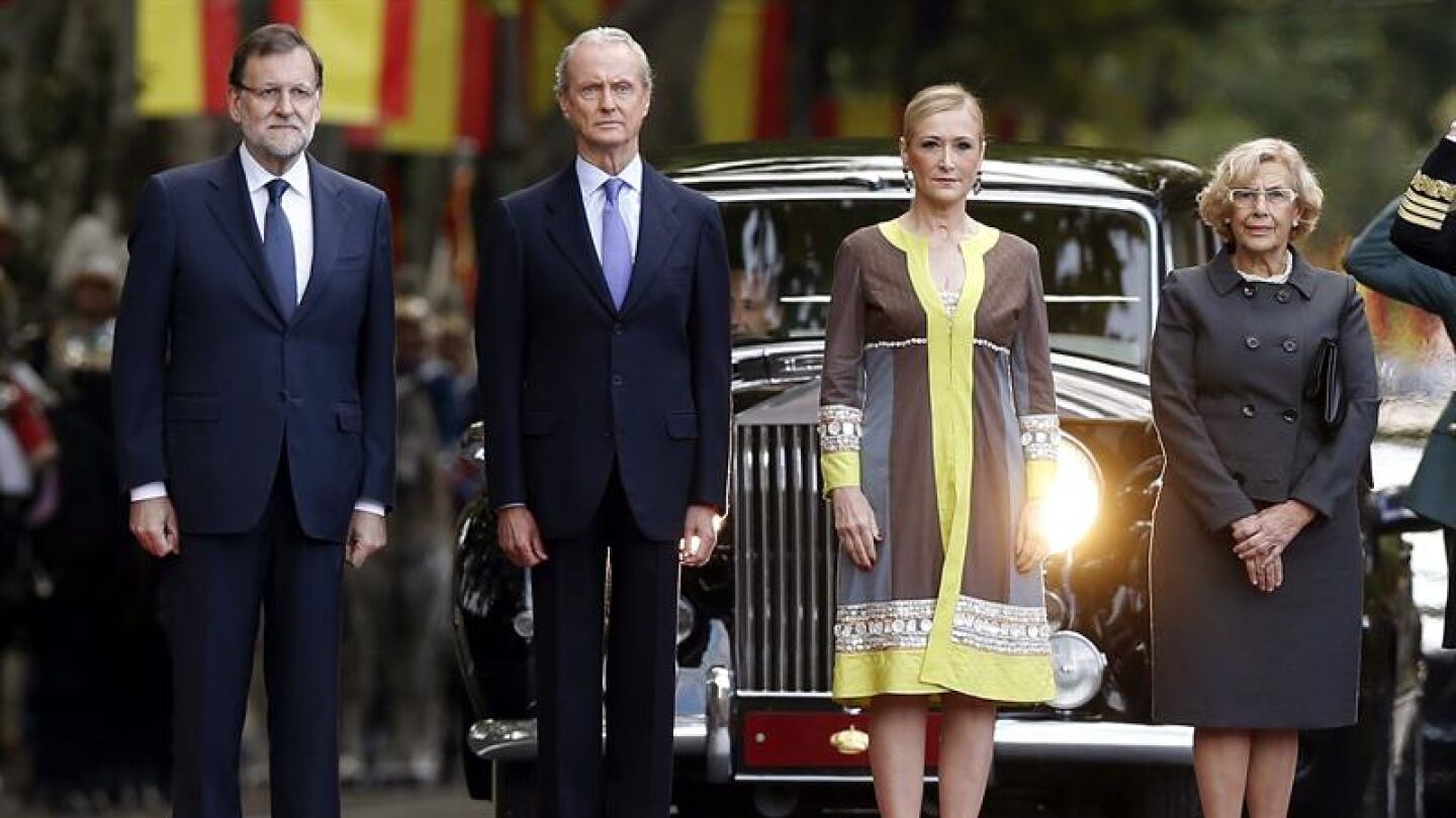Mariano Rajoy, Pedro Moren&eacute;s, Cristina cifuentes y Manuela Carmena en el d&iacute;a de la Fiesta Nacional