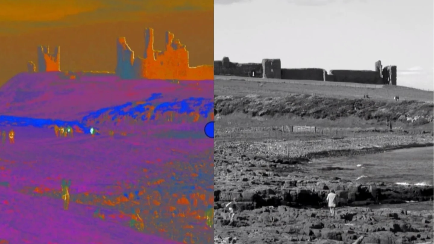 El castillo de Dunstanburgh en color y en blanco y negro El castillo de Dunstanburgh en color y en blanco y negro
